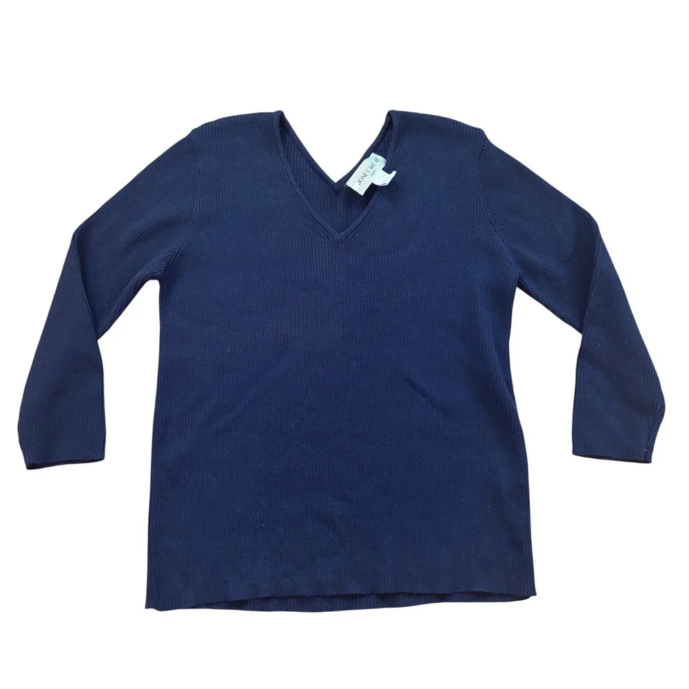 Jones Wear Sport Womens Navy Blue Ribbed‎ Knit V-Neck 100% Cotton Sweater Large